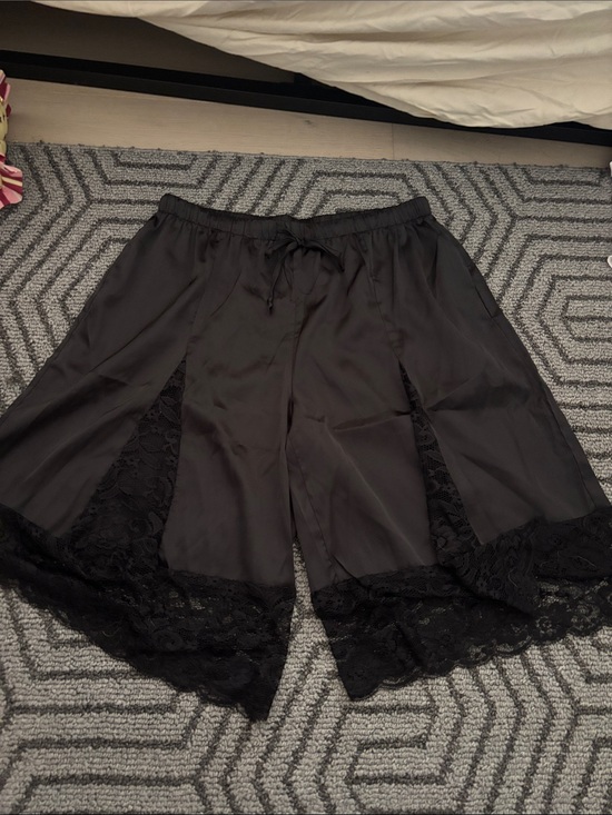 Pants - Black Lace-Trim Satin Long Shorts - Women